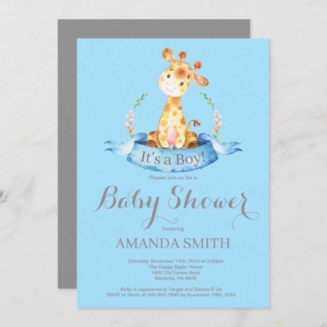 Boy Giraffe Baby Shower Invitation Blue and Grey (Front/Back)