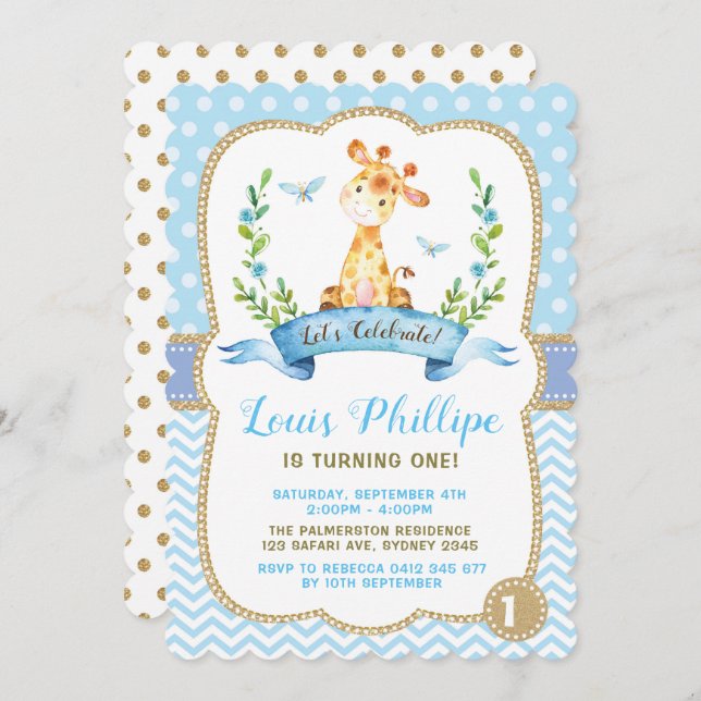 Boy Giraffe Birthday Invitation Blue & Gold Party (Front/Back)