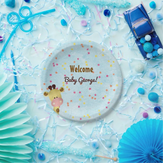 Boy Giraffe Blue Baby Shower  Paper Plate (Party)