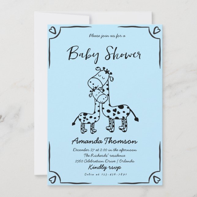 Boy Giraffe Hand Drawn baby shower Invitation (Front)