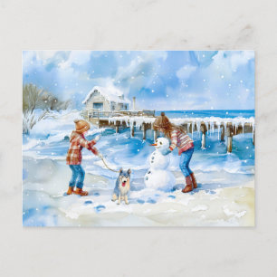 Boy girl and dog playing on winter beach watercolo holiday postcard