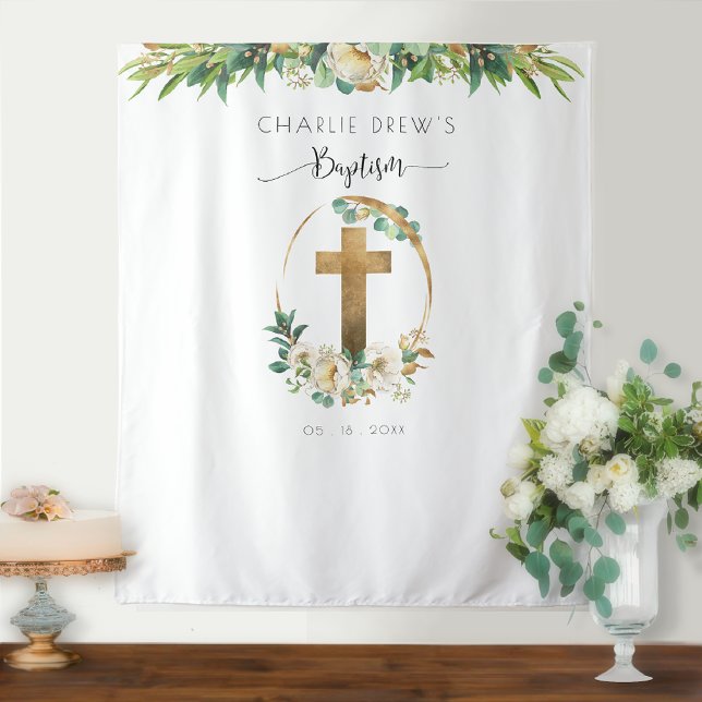Boy / Girl Baptism Elegant Greenery Photo Backdrop Tapestry (Creator Uploaded)