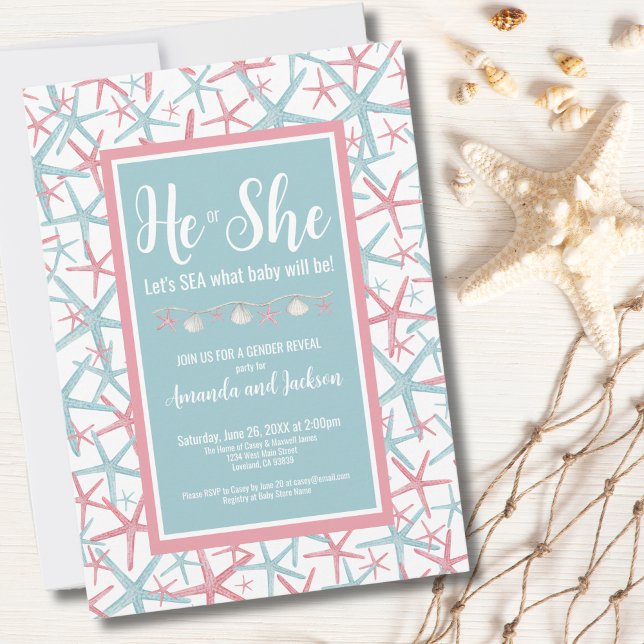 Boy Girl Beach He She Summer Gender Reveal Party Invitation (Boy Girl Beach He She Summer Gender Reveal Party Invitation)