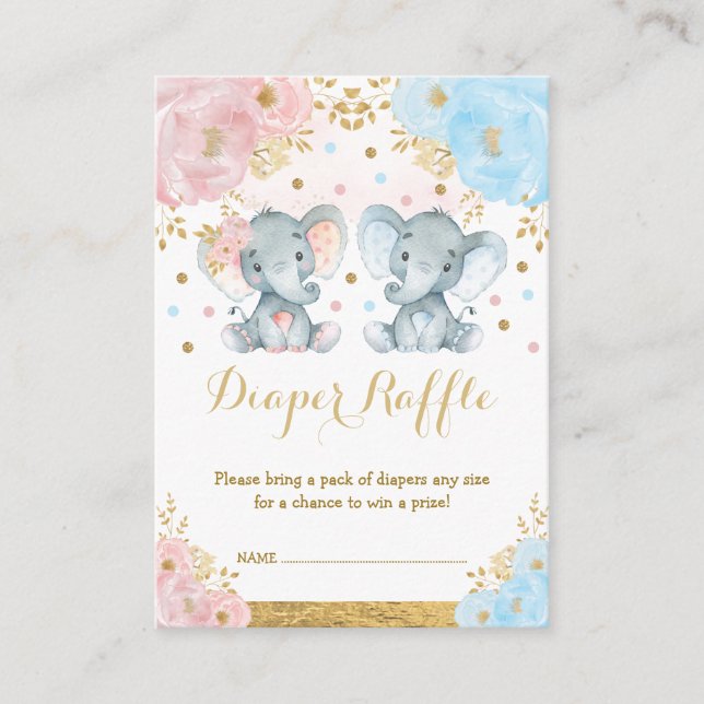 Boy Girl Elephant Gender Reveal Baby Diaper Raffle Enclosure Card (Front)