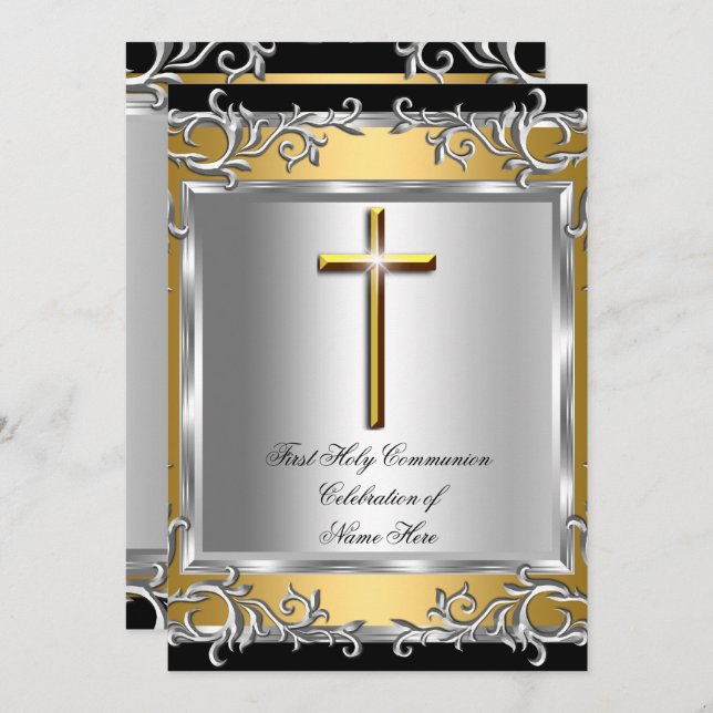 Boy Girl First Holy Communion Silver Gold 2 Invitation (Front/Back)