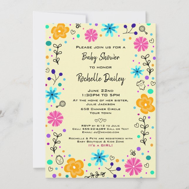 Boy Girl Floral Yellow Cute Baby Shower Invitation (Front)