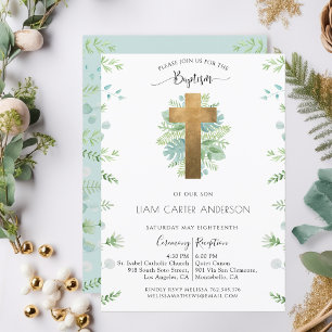 Boy/Girl Greenery Baptism Blue Mint Invitation