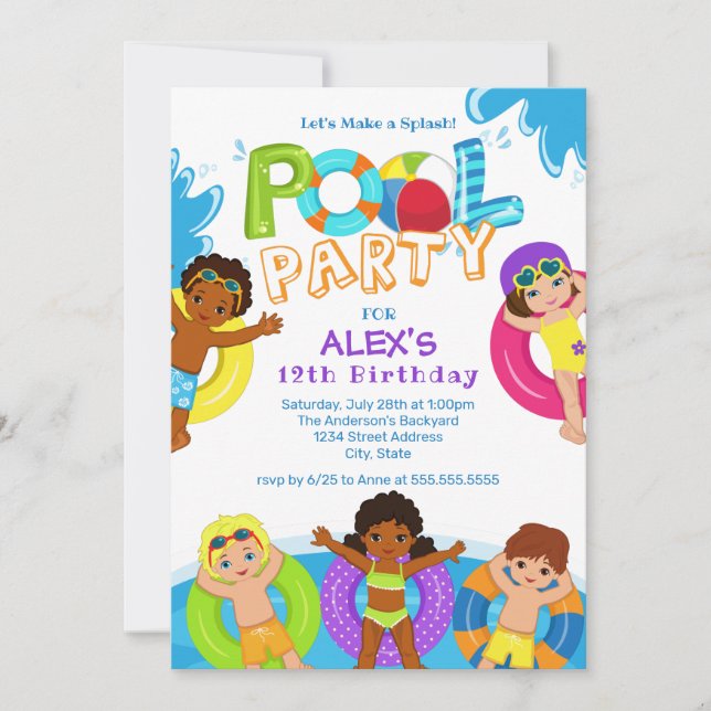 Boy Girl Pool Party 12th Birthday Invitation (Front)