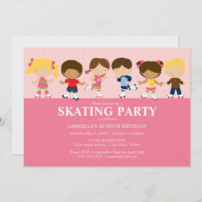 Boy/Girl Skaters | Pink Birthday Party Invite (Front/Back)