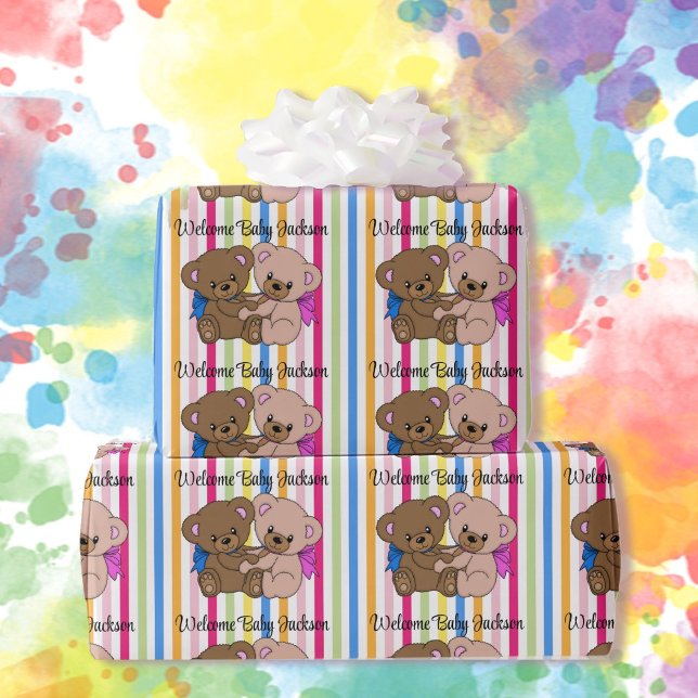 Boy & Girl Teddy Bears Baby Shower Name Pink Blue Wrapping Paper (Creator Uploaded)