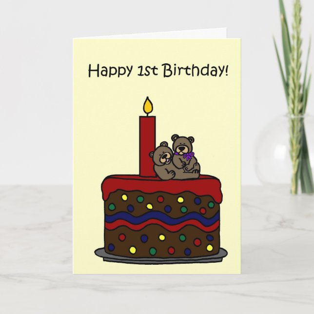 boy-girl twin bears on cake 1st birthday card (Front)
