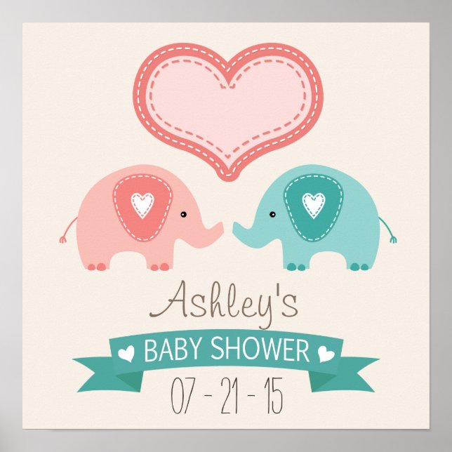 Boy & Girl Twin Pink & Teal Elephants Baby Shower Poster (Front)