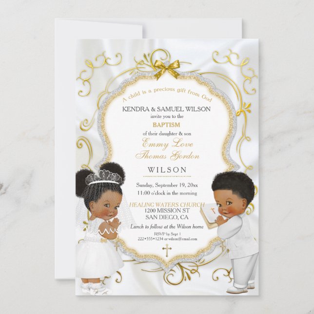 Boy & Girl Twins Baptism Communion Ethnic Invitation (Front)