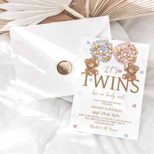 Boy Girl Twins Bear Balloons Rustic Baby Shower  Invitation