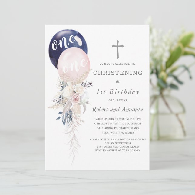 Boy Girl Twins Christening and First Birthday Invitation (Standing Front)