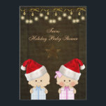 Boy & Girl Twins Christmas Baby Shower Invitation<br><div class="desc">Beautiful classy gold and brown boy and girl Twins Christmas Couples Baby Shower invites with a cute boy and girl baby with santa hats and gifts, a pretty gold star, elegant sparkle hanging ornaments and bows on a beautiful brown background. Chic, fun, stylish, modern festive invitations with a romantic vintage...</div>