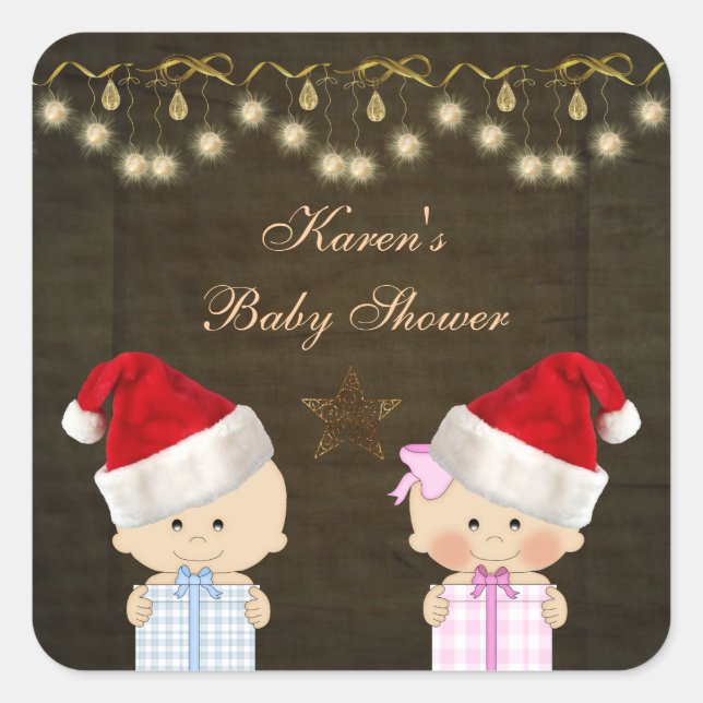 Boy & Girl Twins Christmas Baby Shower Stickers (Front)