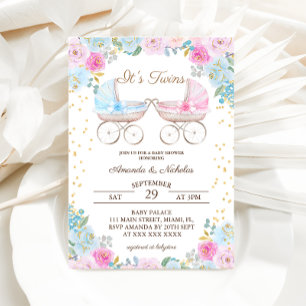 Boy Girl Twins Pink Blue Stroller Baby Shower  Invitation
