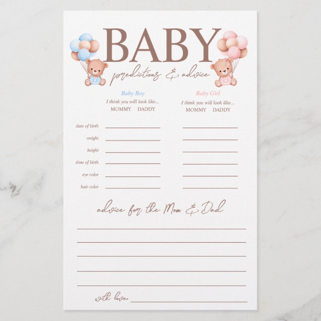 Boy Girl Twins Predictions Baby Shower Game Flyer (Front)