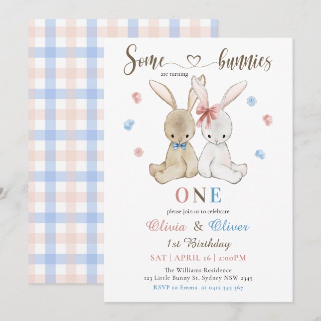 Boy Girl Twins Some Bunnies 1st Birthday Invitation (Front/Back)
