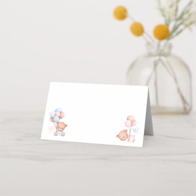 Boy Girl Twins Teddy Bear Baby Shower Blank Place Card (Front)