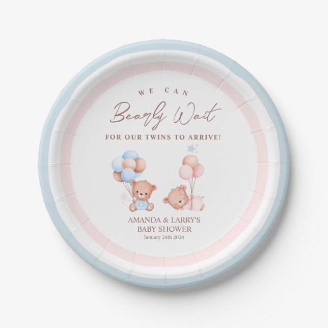 Boy Girl Twins Teddy Bear Baby Shower Paper Plate (Front)