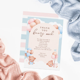 Boy Girl Twins Teddy Bear Baby Shower Thank You Card
