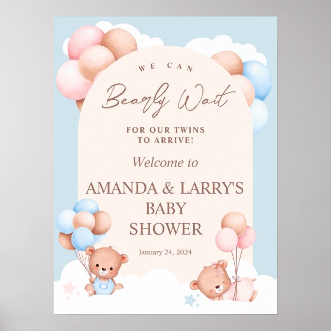 Boy Girl Twins Teddy Bear Baby Shower Welcome Poster (Front)