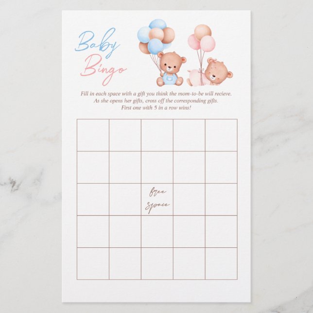 Boy Girl Twins Teddy Bear BINGO Baby Shower Game Flyer (Front)
