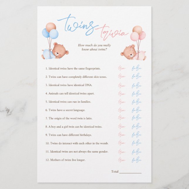 Boy Girl Twins Trivia Baby Shower Game Flyer (Front)