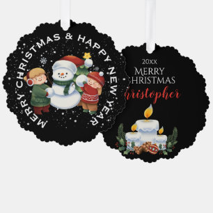 BOY & GIRL with SNOWMAN , PERSONALIZED CHRISTMAS Tree Decoration Card