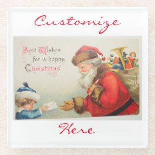 Boy giving letter to Santa Thunder_Cove Vintage Glass Coaster