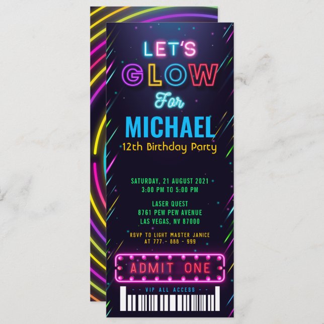 Boy Glow Party Ticket Pass Birthday Invitation (Front/Back)