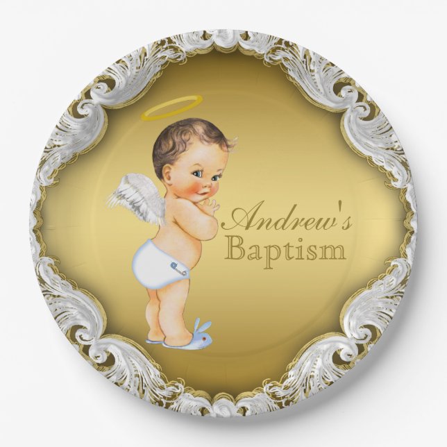 Boy Gold Angel Baptism Christening Paper Plate (Front)