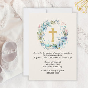 Boy Gold Cross Blue Floral Religious Baptism Invitation
