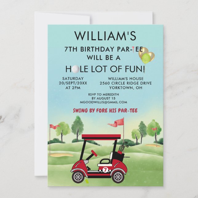 Boy Golf Theme 7th Birthday Par-Tee Invitation (Front)
