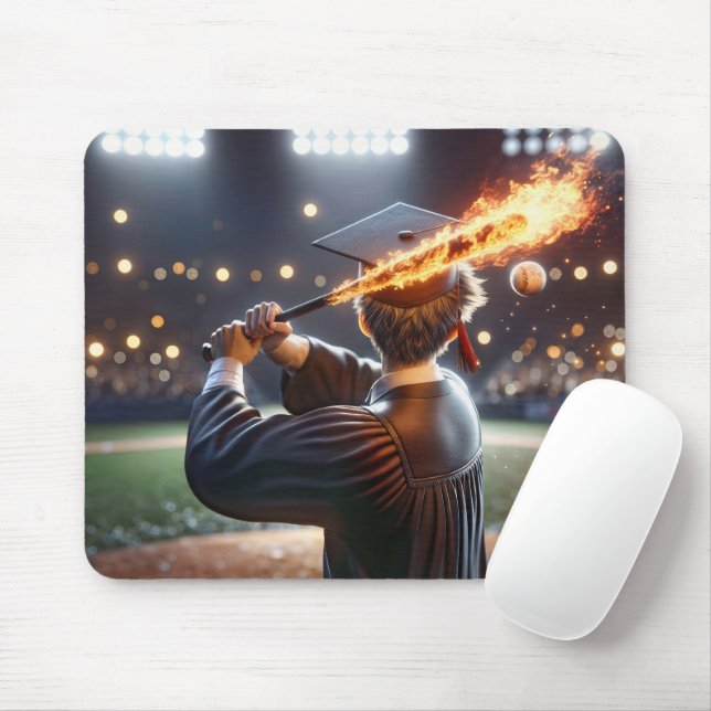 Boy Graduate Swinging a Flaming Baseball Bat Mouse Pad (With Mouse)