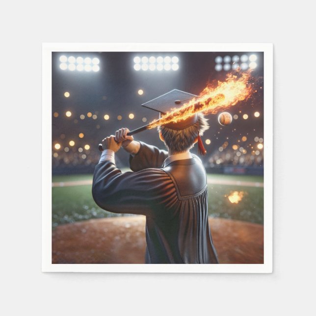 Boy Graduate Swinging a Flaming Baseball Bat Napkin (Front)