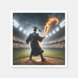 Boy Graduate Swinging a Flaming Baseball Bat Napkin