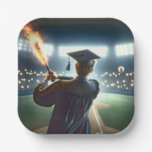 Boy Graduate Swinging a Flaming Baseball Bat Paper Plate