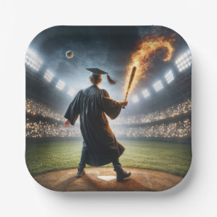 Boy Graduate Swinging a Flaming Baseball Bat Paper Plate