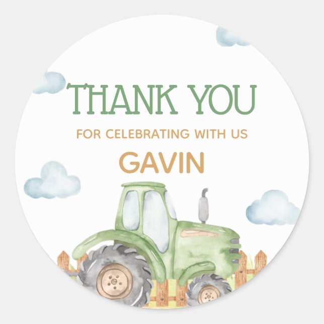 Boy Green Tractor Farm Birthday Party  Classic Round Sticker (Front)