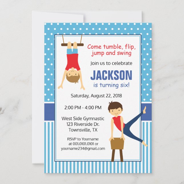 Boy Gymnastic Birthday Party Invitation (Front)