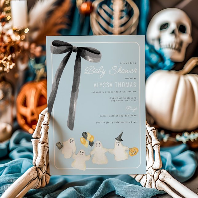 Boy Halloween Ghost and Black Bow Baby Shower Invitation (Creator Uploaded)
