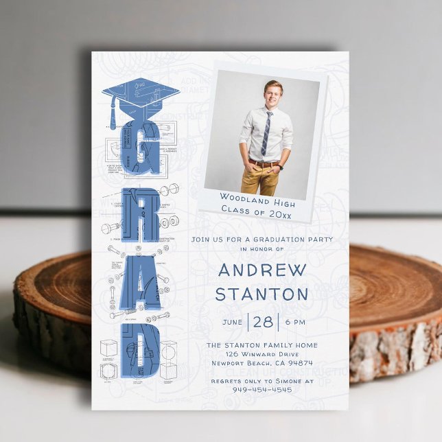 Boy High School Graduation Engineer Tech Photo Invitation (high school graduation boy ceremony party invitation white blue tech technical scientist engineer)