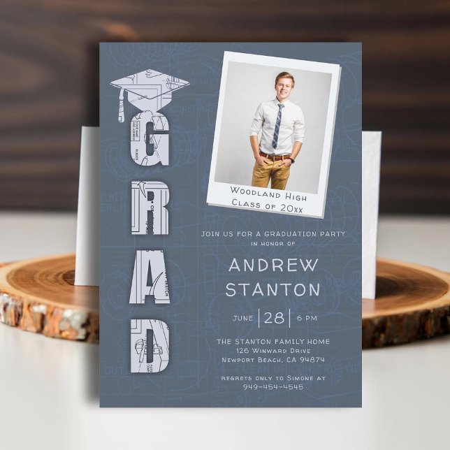 Boy High School Graduation Science Tech Grey Photo Invitation (high school graduation boys ceremony party invitation tech technical science scientist engineer gray)