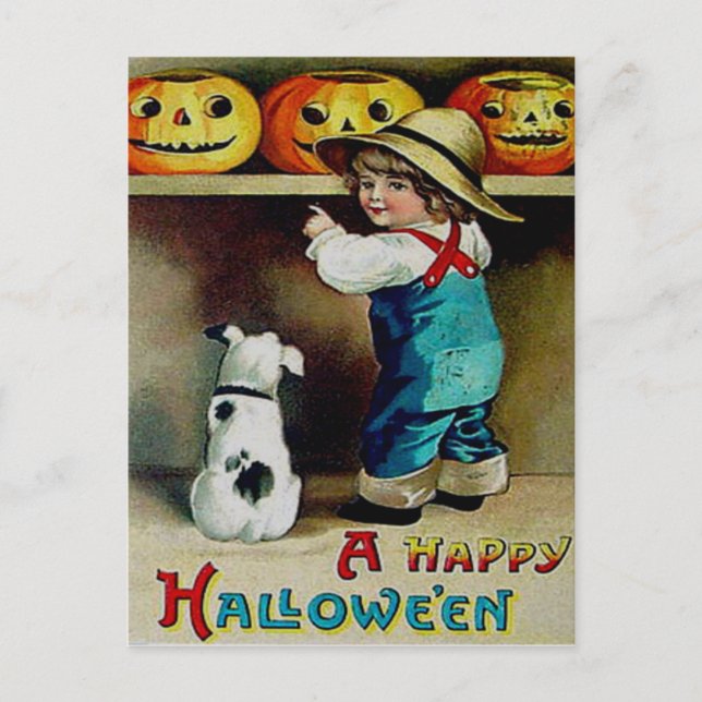 Boy & His Dog Looking At Jack O' Lanterns Postcard (Front)