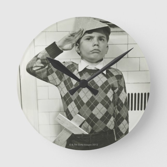 Boy Holding a Wooden Sword Round Clock (Front)