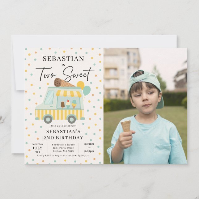 Boy Ice Cream Truck 2nd Birthday Party Photo Invitation (Front)