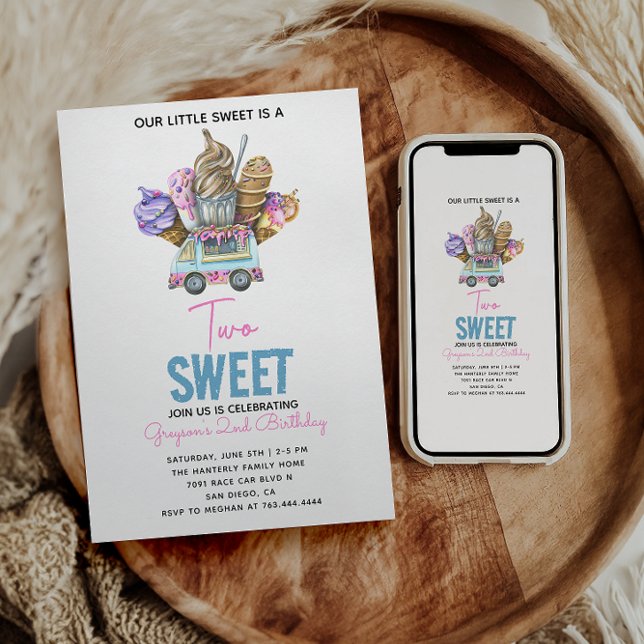 Boy Ice Cream Truck Two Sweet 2nd Birthday Party Invitation (Creator Uploaded)